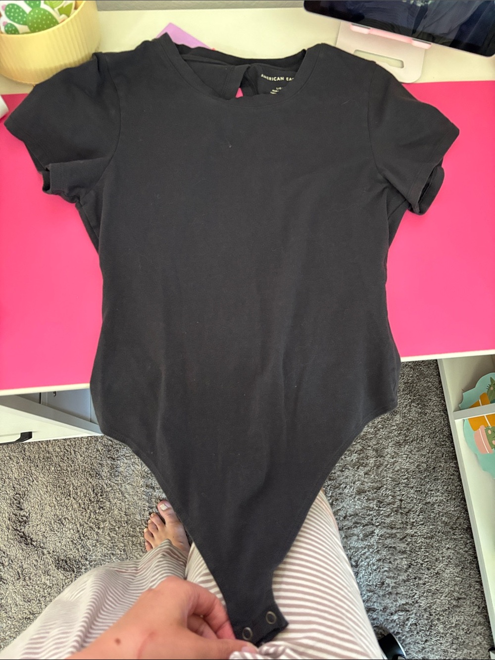 American Eagle Outfitters dark grey Short-Sleeve open backed Bodysuit
